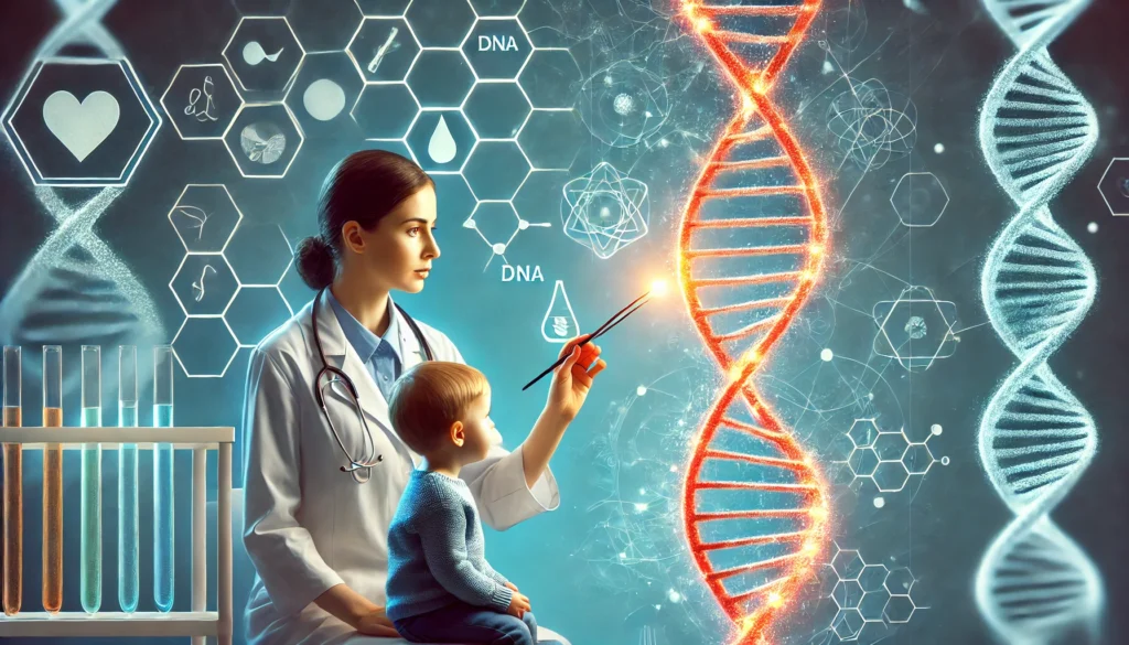 A caring pediatrician analyzing a glowing DNA strand while a curious child observes, symbolizing genetic testing for children's health, with a subtle medical and scientific background.