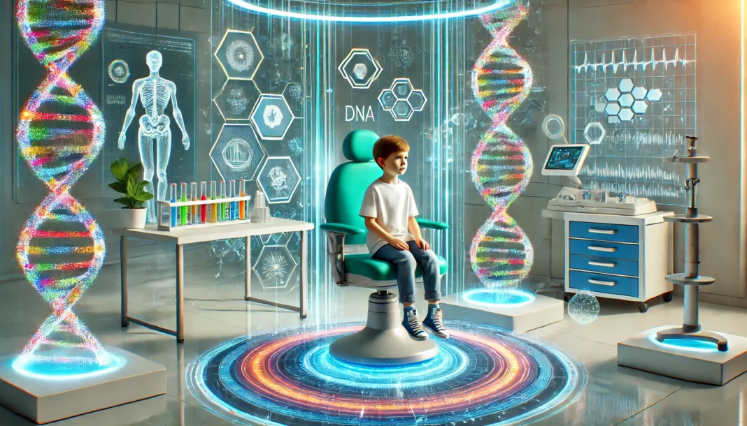 A futuristic and child-friendly genetic testing laboratory featuring a young child seated on a medical chair, surrounded by glowing DNA strands and advanced medical technology in a bright and welcoming environment.