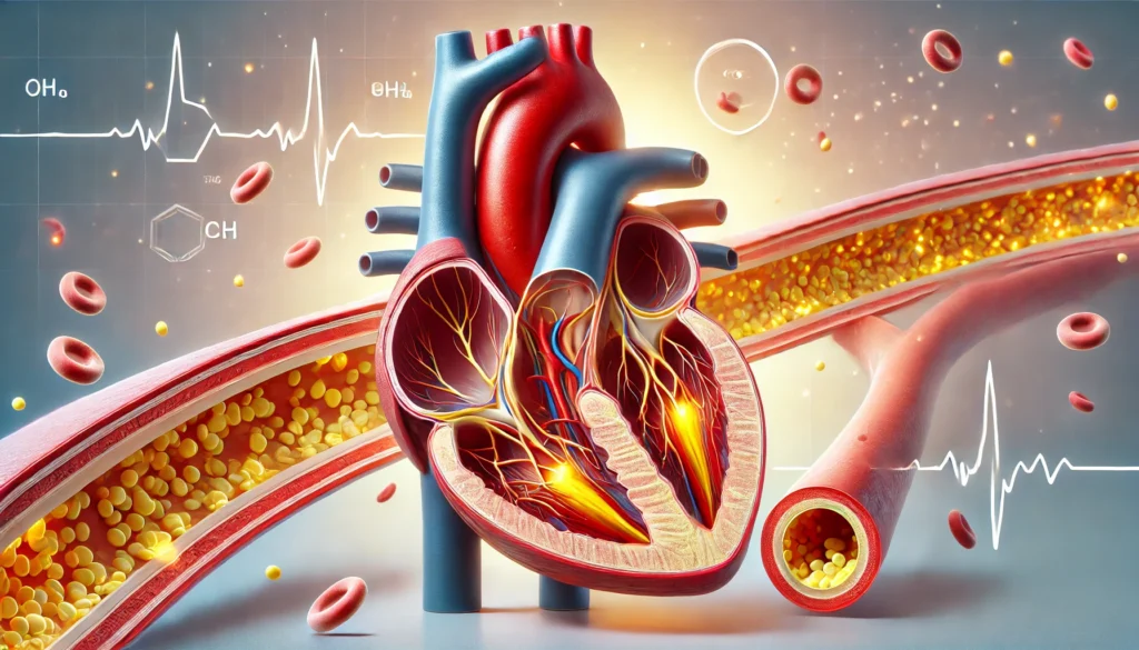 A detailed medical illustration of a human heart with arteries highlighted in red and yellow, indicating varying levels of plaque buildup. A cutaway section reveals cholesterol deposits narrowing the artery passage, with a soft medical-themed gradient background for clarity.