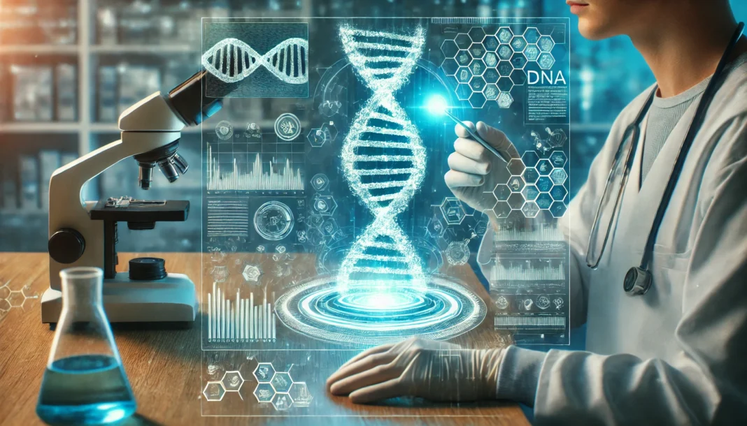 A futuristic laboratory scene featuring a glowing holographic DNA strand floating above a high-tech scanner. A scientist in lab attire analyzes genetic data on a transparent screen, with molecular structures and bioinformatics graphs in the background.