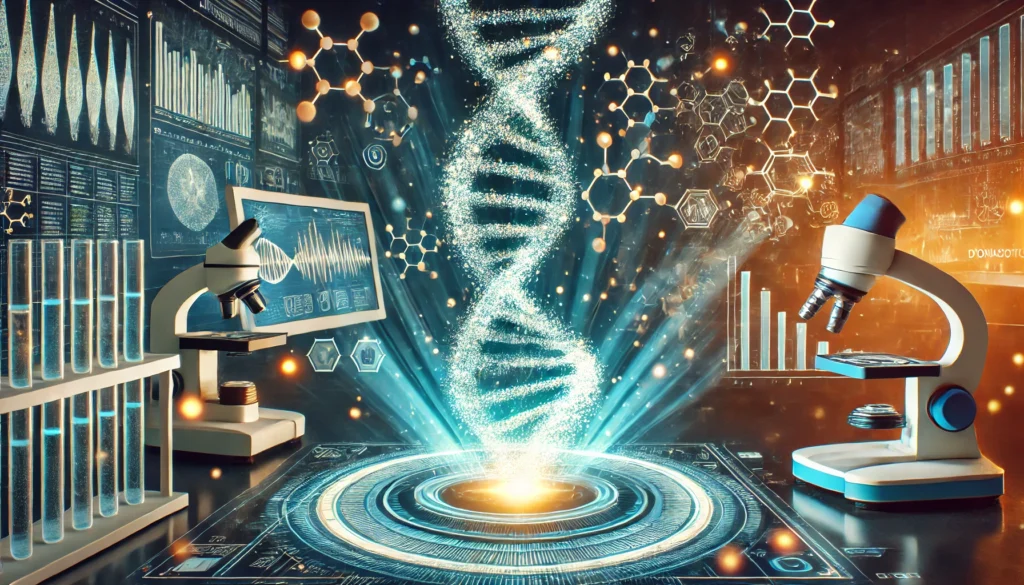 An artistic visualization of genetic testing with a luminous DNA strand emerging from a digital touchscreen. The futuristic background includes lab equipment, scanning interfaces, and abstract bioinformatics data representing medical diagnostics.