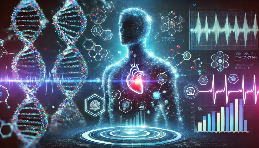 A human silhouette composed of illuminated DNA strands and molecular structures, set against a high-tech medical interface with floating digital graphs, representing the integration of genetic data in health optimization.