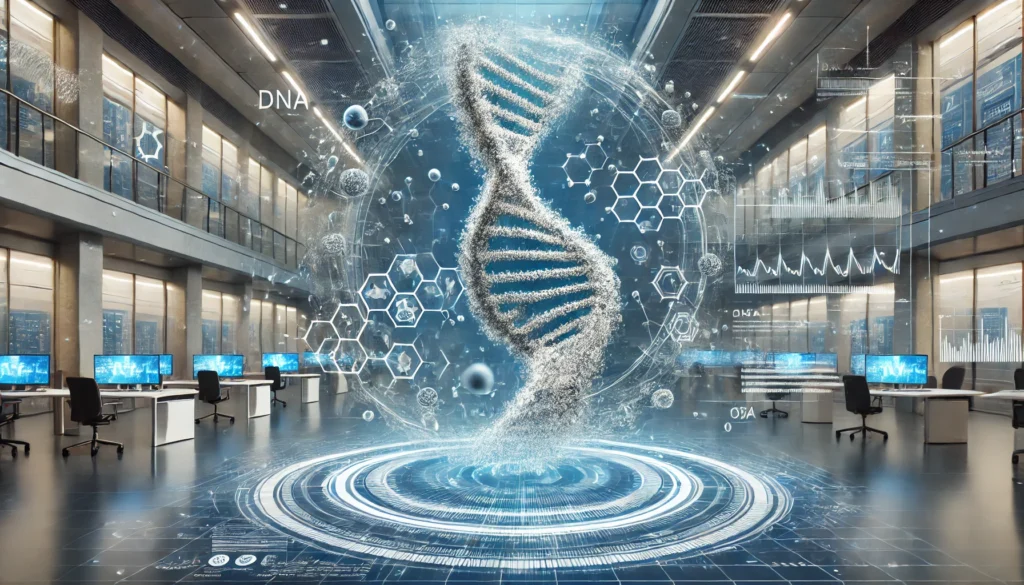 A conceptual artwork depicting a DNA strand dynamically breaking into molecular patterns, symbolizing the decoding of genetic information. The background features an advanced medical research center with floating transparent screens showing personalized health data.