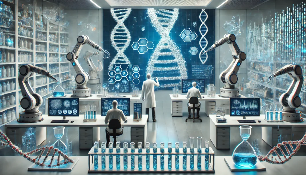 A cutting-edge biotechnology research lab where scientists analyze DNA samples for rare genetic disorders. The scene includes robotic arms handling test tubes, a giant 3D holographic double helix, and scientists reviewing genetic data on interactive displays.