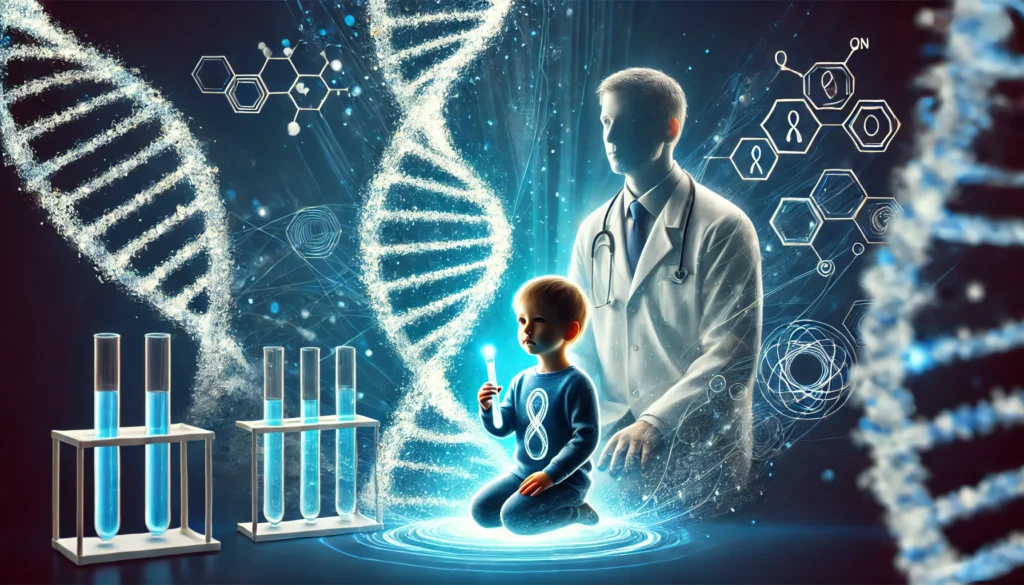 A conceptual illustration of a doctor and a child, surrounded by a glowing double helix. The child holds a test tube, while floating holographic genetic data represents early diagnosis and treatment of rare diseases.