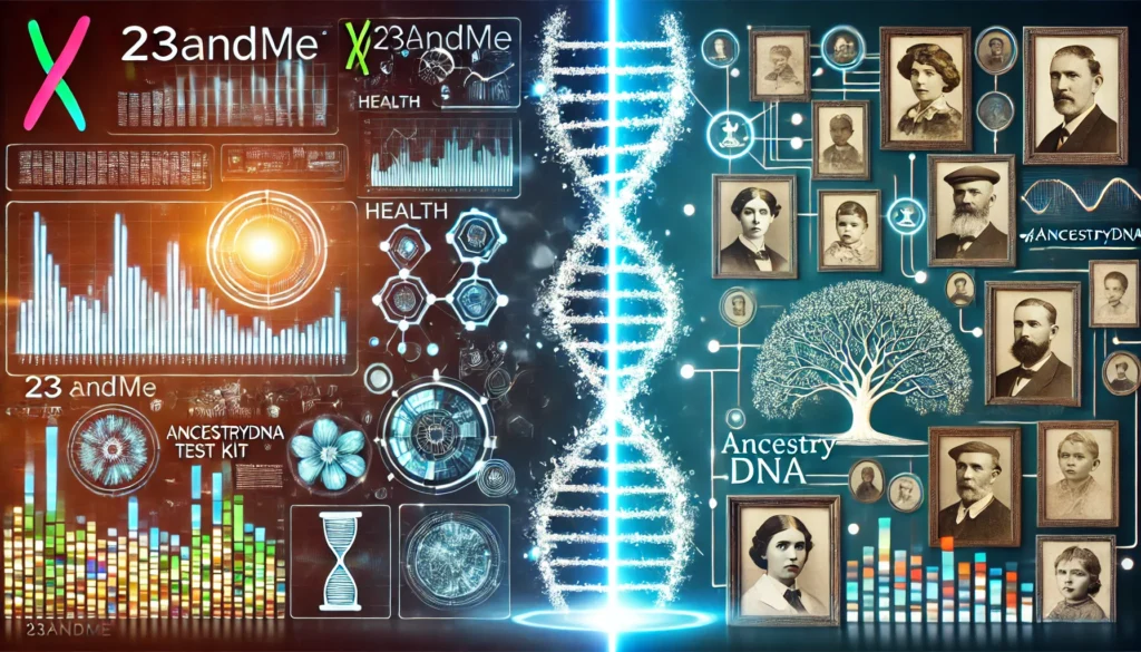 A visually engaging comparison of DNA testing for health and ancestry. One side features futuristic medical-themed graphics with genetic markers and health reports, representing 23andMe. The other side highlights ancestry research with vintage portraits, a genealogical tree, and historical records, symbolizing AncestryDNA.