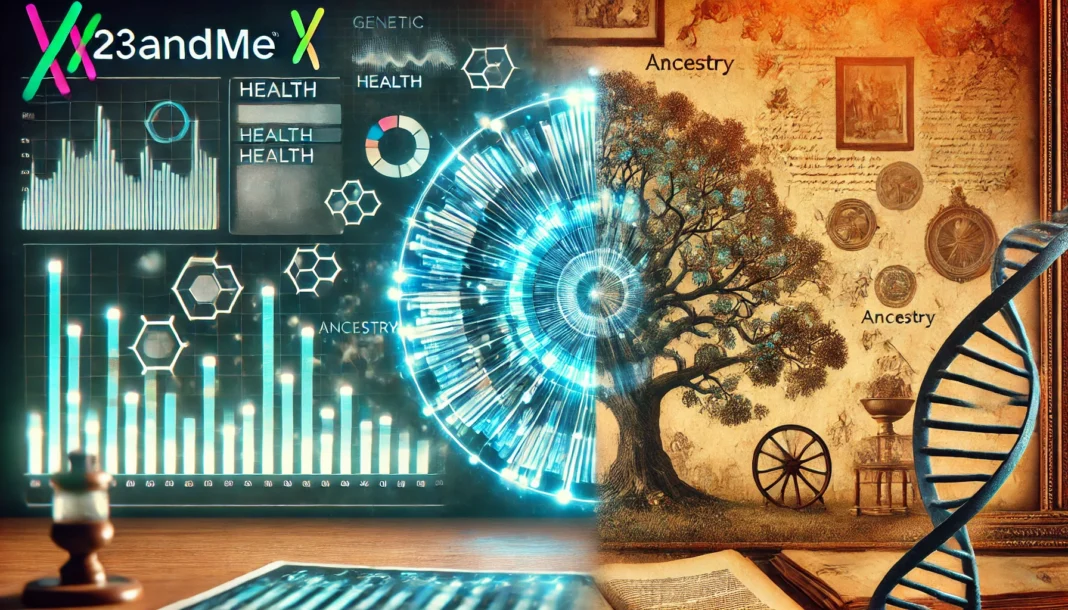 A side-by-side comparison of 23andMe and AncestryDNA. The left side features futuristic health data visualization with a glowing DNA strand, while the right side showcases a historical genealogy theme with family trees and old photographs.