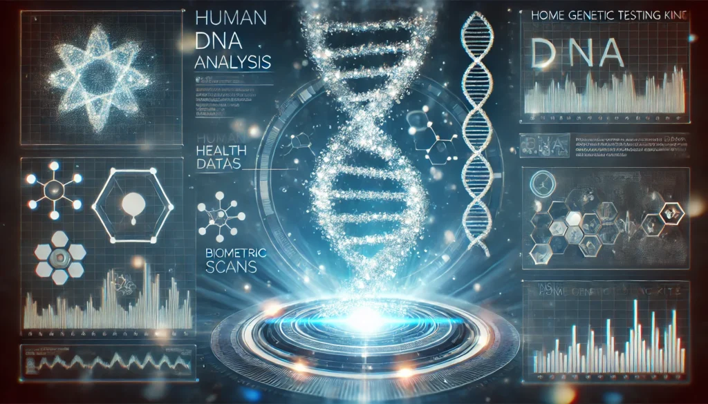 A futuristic visualization of human DNA analysis, featuring a glowing digital double helix floating in a high-tech interface. Surrounding the DNA are abstract health data, molecular structures, and biometric scans, representing insights from home genetic testing kits.