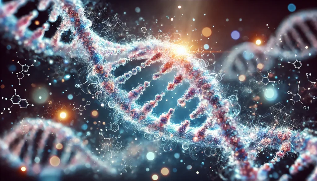 A close-up artistic depiction of a DNA helix composed of glowing molecular structures, surrounded by dynamic floating particles. The soft bokeh background in blue and purple hues symbolizes genetic data analysis and health insights.