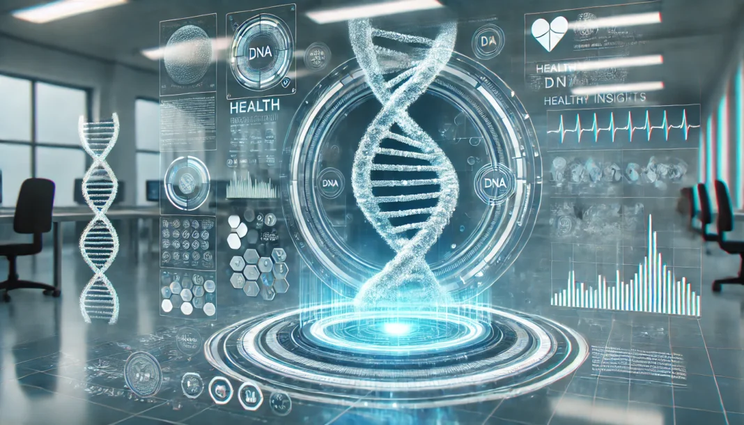 A 3D-rendered DNA double helix floating in a high-tech laboratory environment. Holographic projections display health-related insights from genetic testing. The sterile, futuristic setting is illuminated by a glowing blue and white color scheme.