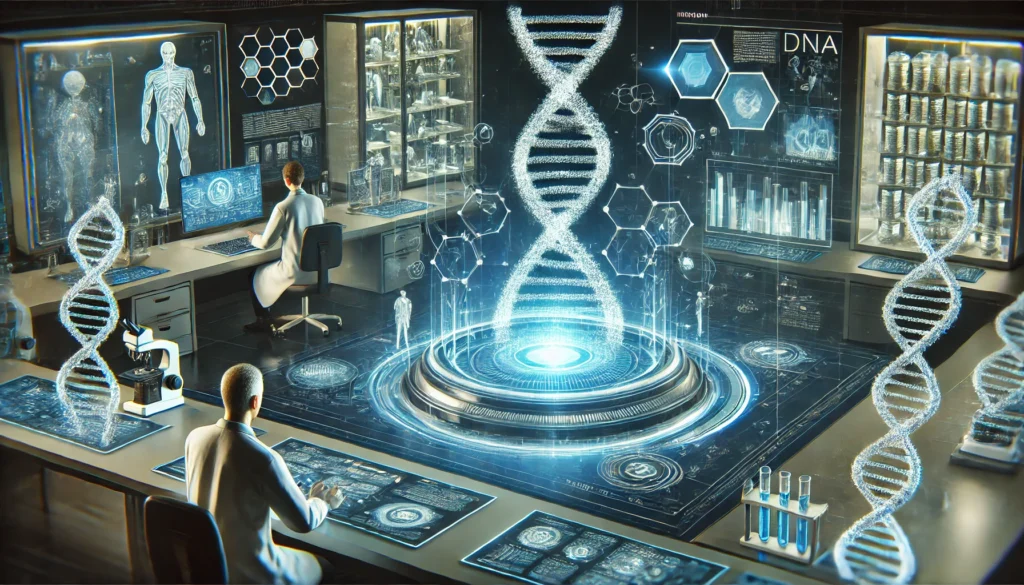 A futuristic medical research laboratory with scientists analyzing a 3D holographic DNA strand, surrounded by advanced technology and digital data interfaces.