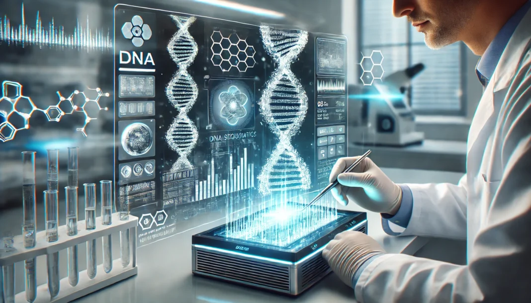 A close-up of a scientist using a high-tech DNA sequencing machine, with glowing DNA strands and bioinformatics data floating in a sterile laboratory.