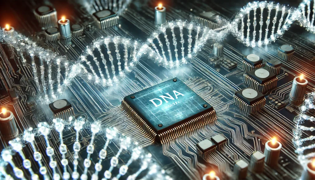 A high-tech visualization of DNA data storage, where glowing DNA strands interact with futuristic microchip elements.