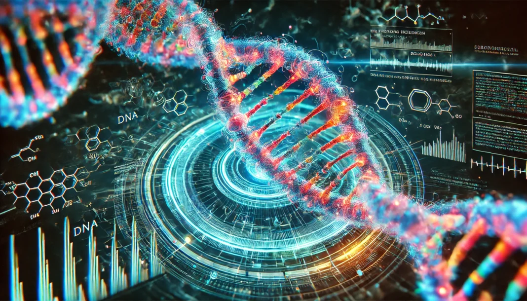 A neon-lit DNA strand being sequenced with advanced bioinformatics techniques, symbolizing the complexity of genomic data analysis.