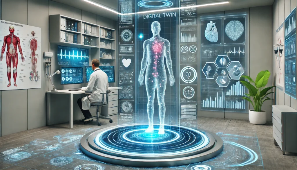 A futuristic doctor's office where a holographic display presents a patient's digital twin, showcasing real-time health data and personalized treatment options.