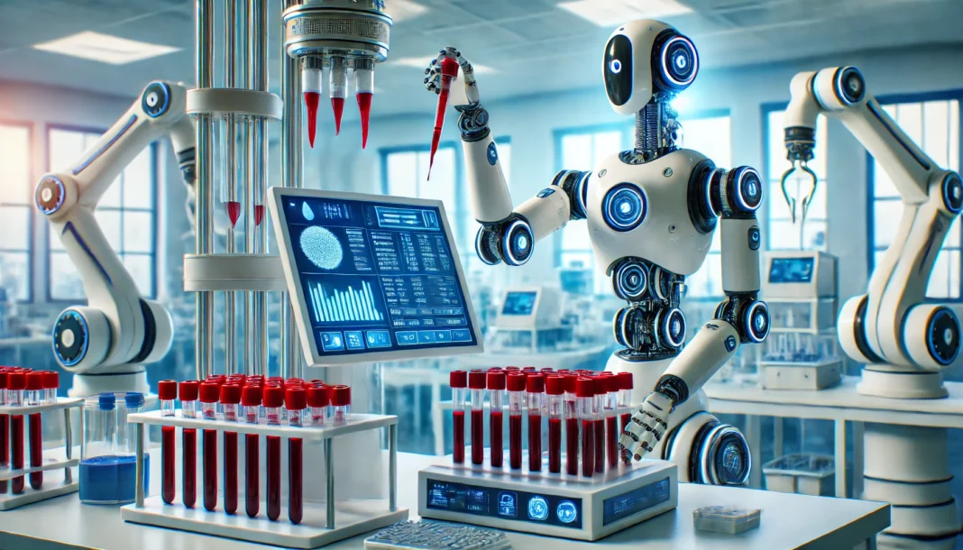 An AI-powered robotic system in a state-of-the-art medical research facility, precisely analyzing blood samples to generate personalized treatment recommendations.