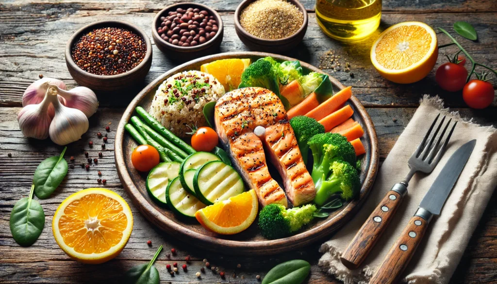 A beautifully plated heart-healthy meal on a rustic wooden table, featuring grilled salmon, quinoa, steamed vegetables, and fresh citrus slices. The presentation emphasizes balanced nutrition.