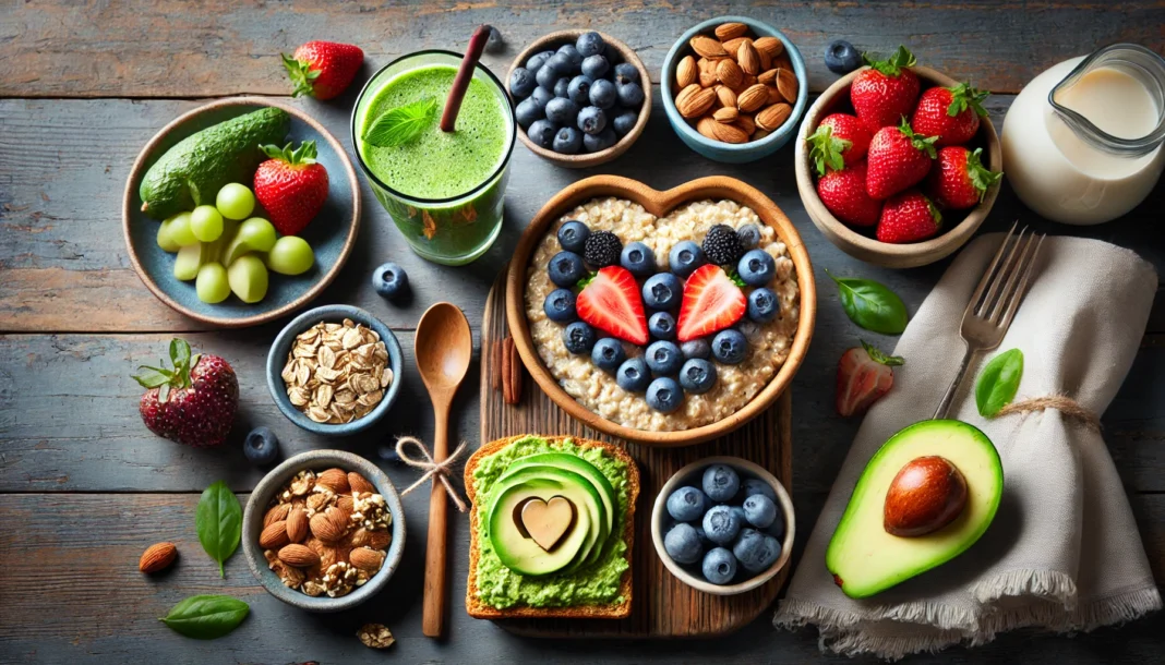 An overhead view of a heart-healthy breakfast spread on a wooden table, featuring oatmeal with fresh berries, a green smoothie, whole grain toast with avocado, and a bowl of mixed nuts. The arrangement highlights a balanced, nutritious meal for heart recovery.