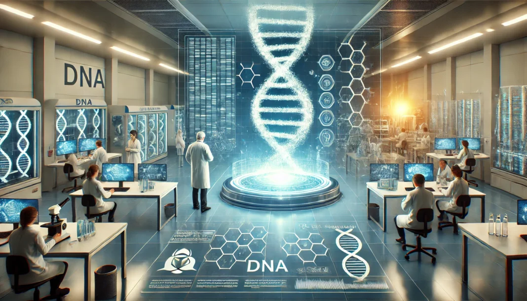 A futuristic laboratory with scientists working on advanced DNA sequencing, featuring high-tech equipment, holographic gene sequences, and a glowing double-helix model, symbolizing innovation in genetic research.