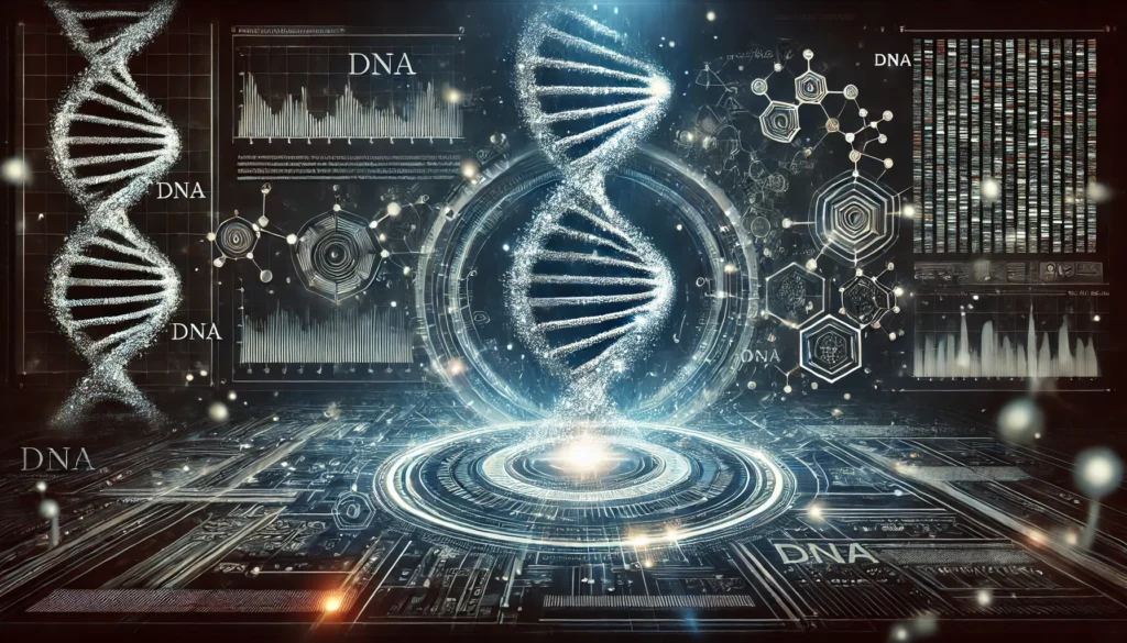 A high-tech digital rendering of a DNA double-helix emerging from a glowing interface, set against a background of molecular patterns and data streams, representing advancements in genetic analysis.