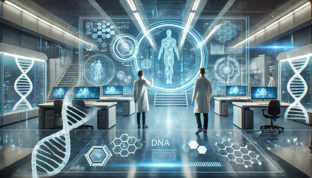 A high-tech laboratory where scientists use holographic interfaces to study human genetics. The environment is sleek, with floating digital DNA structures symbolizing the advancements in genetic analysis and medical innovation.