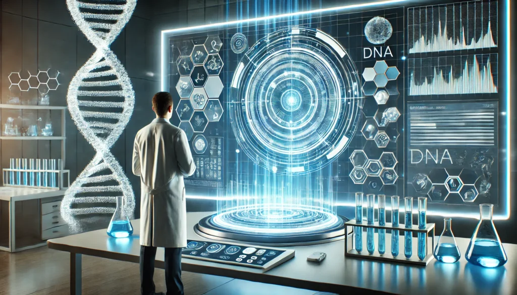 A futuristic medical laboratory where a doctor in a white coat examines DNA sequences on a high-tech holographic screen, surrounded by advanced genetic research equipment and a glowing 3D DNA helix.
