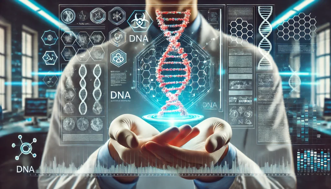 A close-up of a scientist wearing gloves holding a detailed DNA strand model with a digital interface overlay showing genetic markers and sequences, set against a cutting-edge genetic research facility