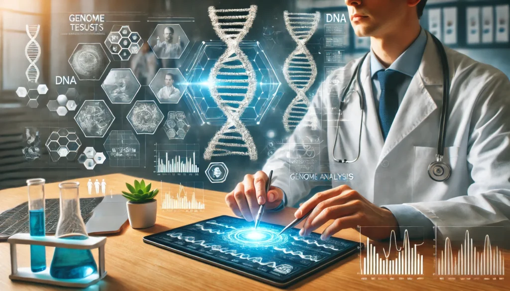 A doctor in a modern medical office analyzing genetic test results on a digital tablet, surrounded by floating 3D DNA models and genome analysis charts, reflecting the advancements in biotechnology.