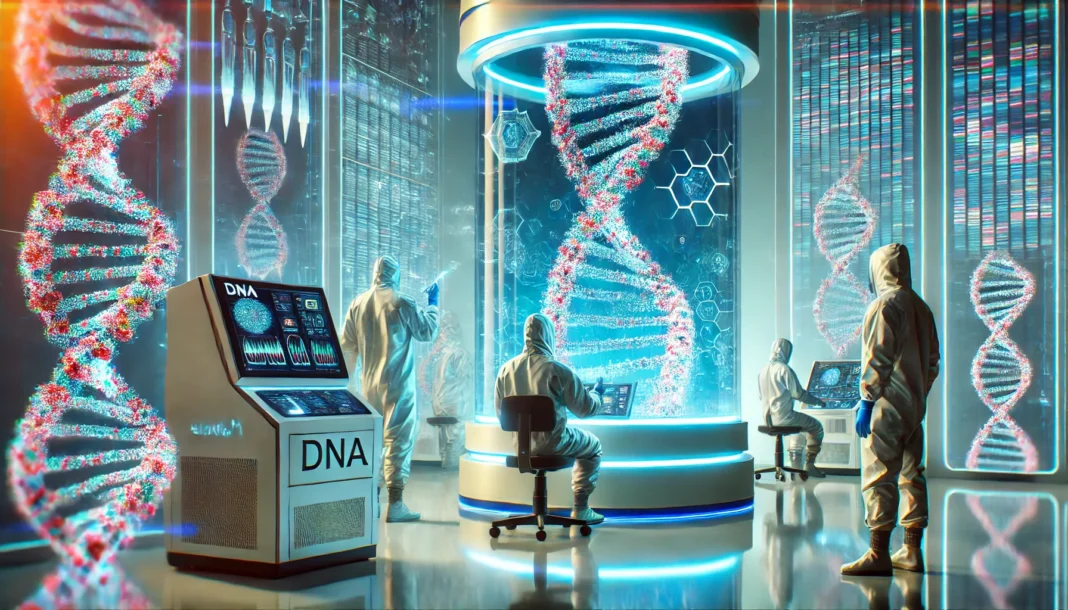 A high-tech laboratory with advanced genetic sequencing machines analyzing DNA samples. Scientists in futuristic suits are examining holographic DNA strands, illuminated in a blue glow, symbolizing precision and innovation in genetic testing.