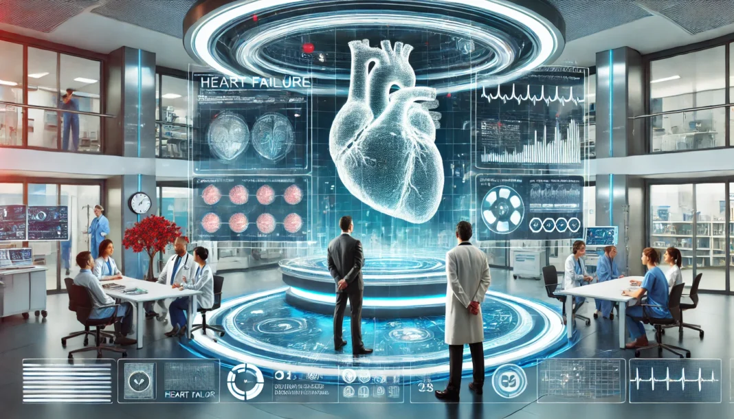 A high-tech hospital setting where doctors discuss innovative heart failure treatments using real-time heart data analytics.