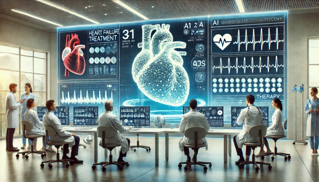 Scientists analyzing heart failure treatment data on advanced AI-driven medical screens.
