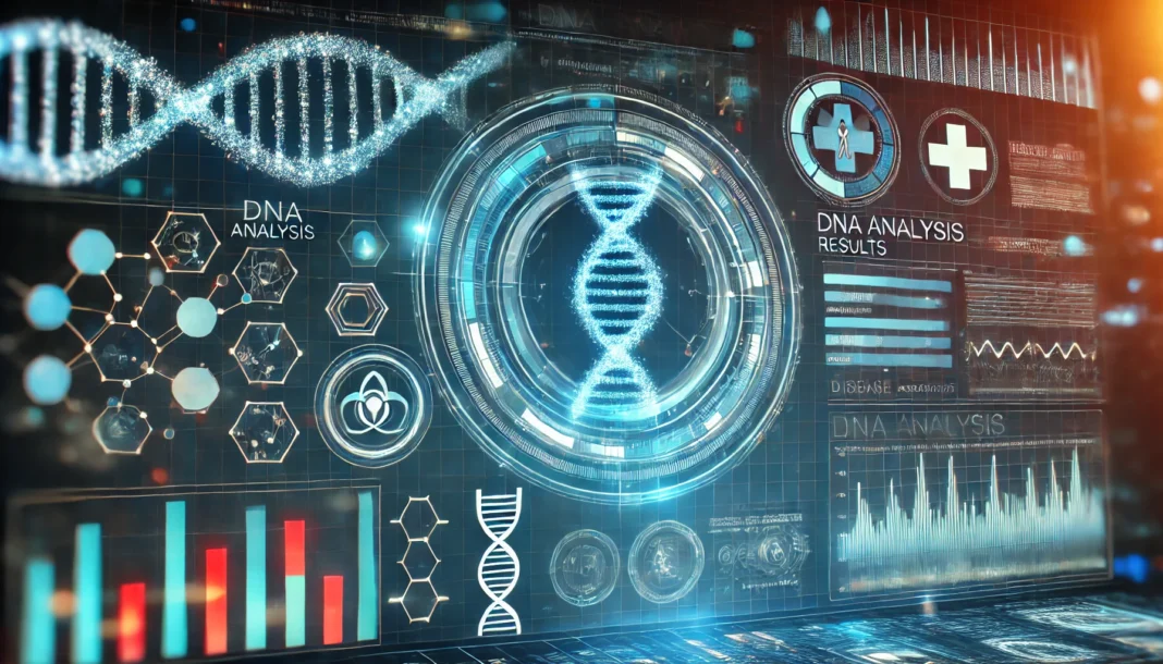 A high-tech visualization of DNA analysis results on a digital screen, with a glowing DNA strand in the background and futuristic medical symbols indicating disease risk assessment.