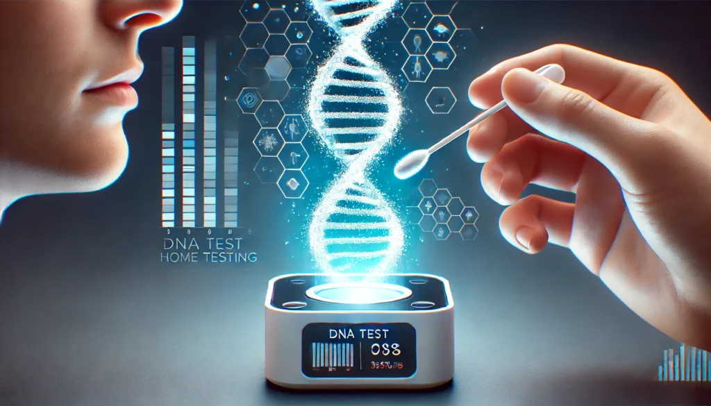 A close-up of a DNA test swab being placed into a futuristic home testing device, with a glowing genetic helix appearing above it, symbolizing cutting-edge genetic analysis for disease risk assessment.