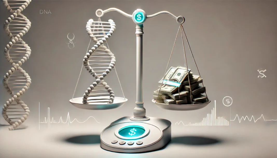 A futuristic balance scale holding a DNA helix on one side and a stack of money on the other, visually representing the cost considerations of genetic testing and insurance.