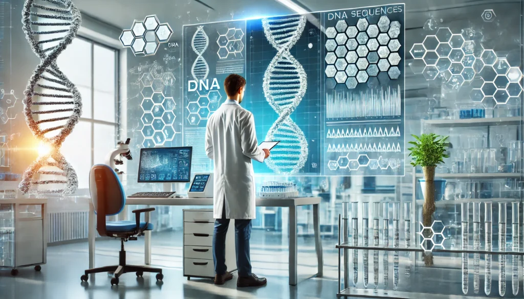 A modern medical laboratory featuring a scientist analyzing digital DNA sequences on a screen, surrounded by advanced genetic testing equipment, symbolizing the role of technology in genetic research and diagnostics.