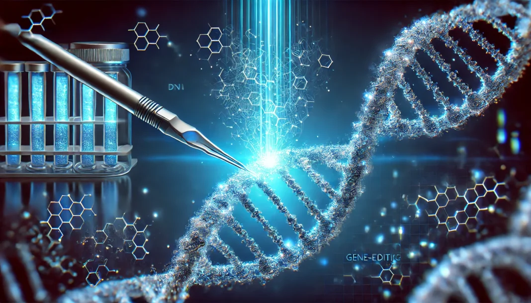 A detailed visualization of the CRISPR technique, showing a molecular structure precisely cutting a DNA strand, set against a futuristic medical backdrop