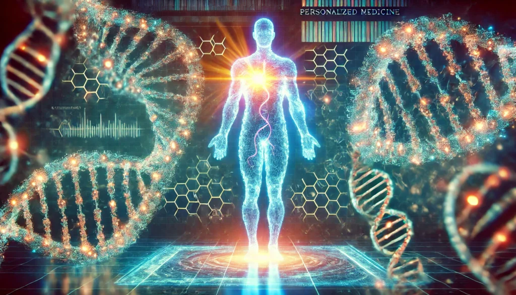 A DNA double-helix transforming into a holographic human figure, symbolizing tailored medical treatments, with digital genetic data in the background.