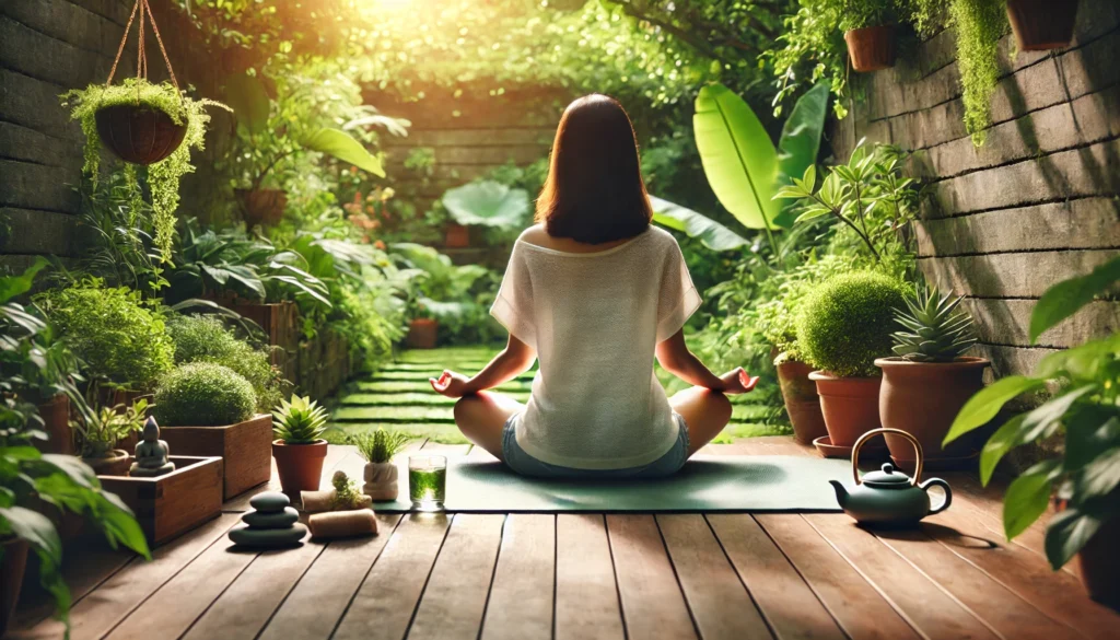 A peaceful meditation scene in a lush green natural setting, with a person sitting cross-legged on a mat, highlighting stress reduction for heart health.
