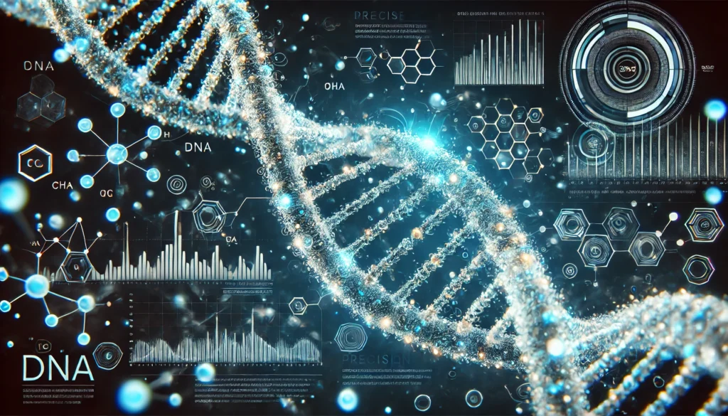 A high-tech medical laboratory featuring an illuminated holographic display of a human genome. A scientist wearing augmented reality glasses interacts with the digital genome model, representing the accuracy and reliability of chromosome and genetic testing.