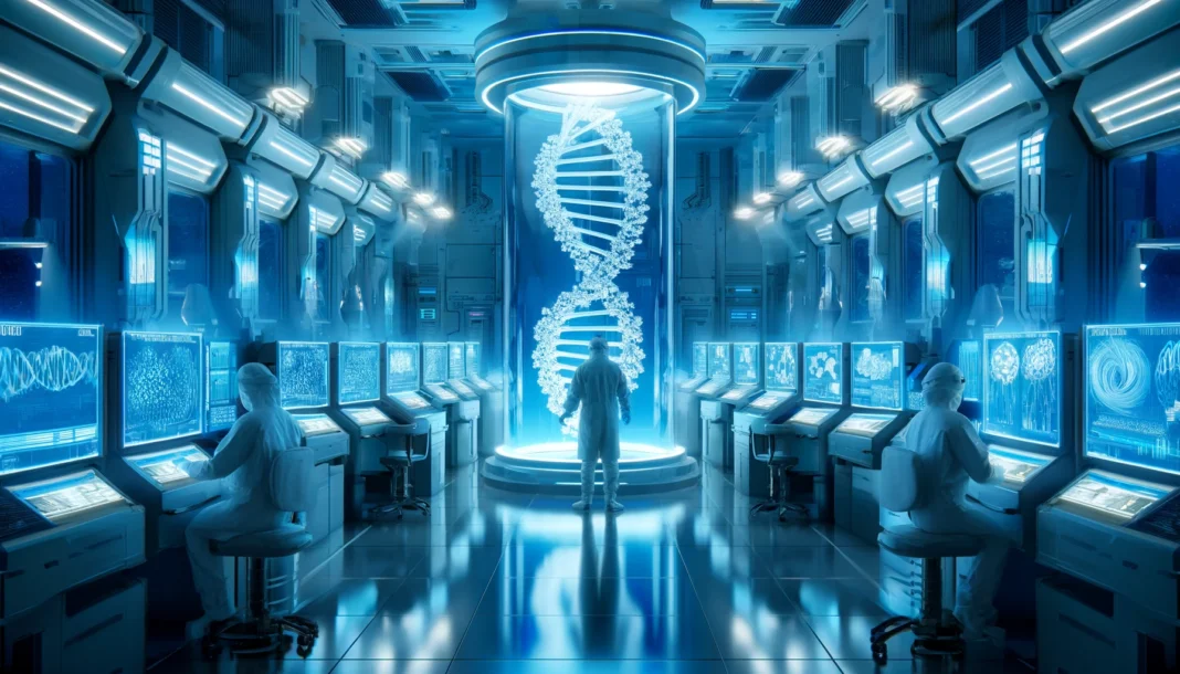 A futuristic laboratory with advanced DNA sequencing machines emitting a cool blue glow. Scientists in protective gear analyze genetic samples on digital screens displaying DNA helix patterns, emphasizing precision and accuracy in genetic testing.