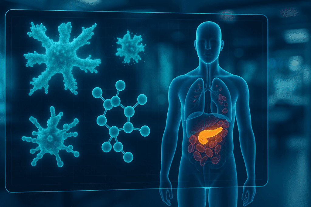 Breakthrough Diabetes Research Paper visualization showing glowing protein biomarkers, molecular models, and highlighted pancreas in a futuristic diagnostic lab