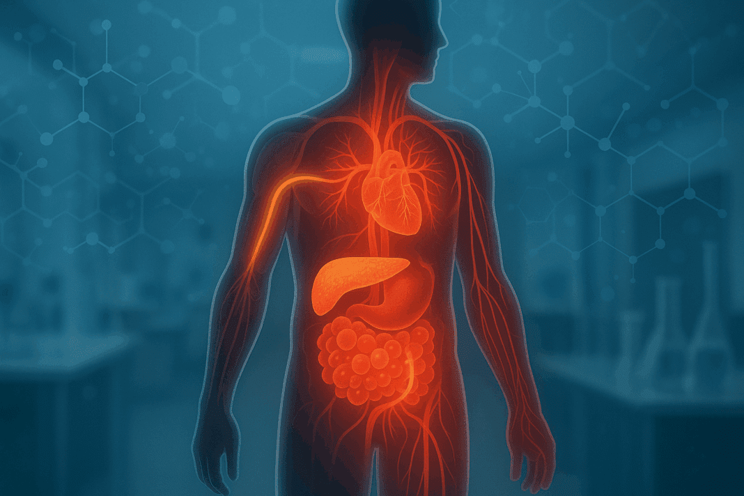 Medical illustration showing the pathophysiology of type 2 diabetes with disrupted insulin signaling, inflamed visceral fat, and vascular complications.