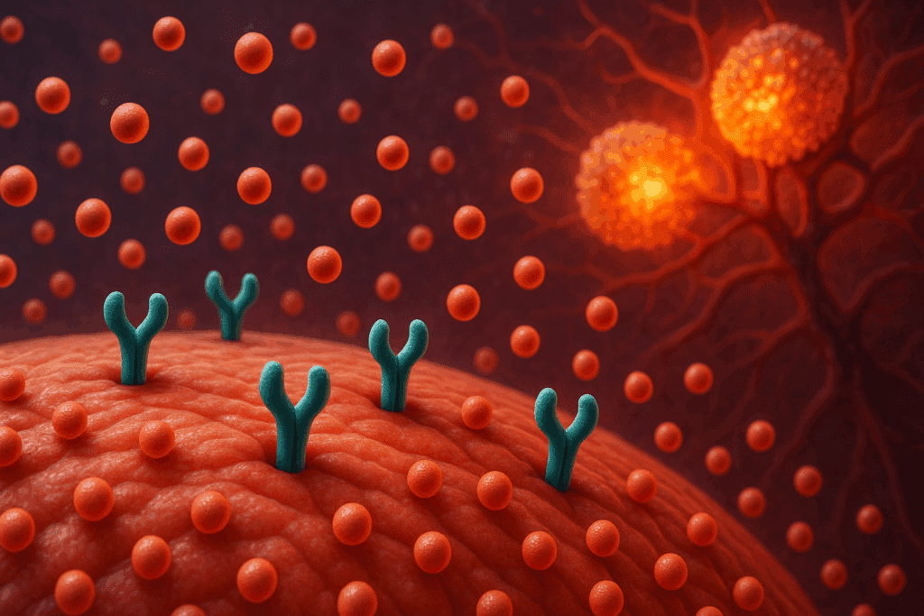 Medical illustration showing the pathophysiology of type 2 diabetes with disrupted insulin signaling, inflamed visceral fat, and vascular complications.