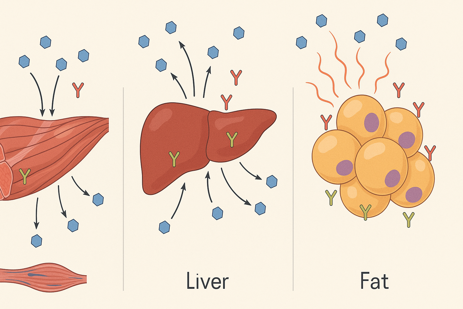Biological illustration showing the pathophysiology of Type 2 Diabetes with insulin resistance in muscle, liver, and fat cells