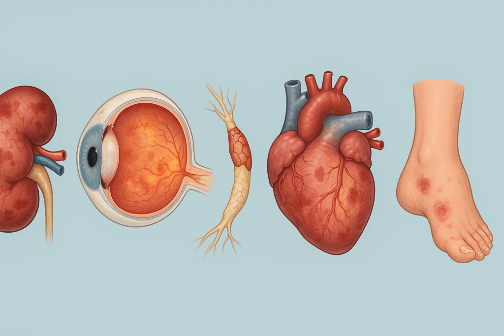 Damaged kidney, retina, nerve, heart, and foot illustrating organ complications in the pathophysiology of Type 2 Diabetes.