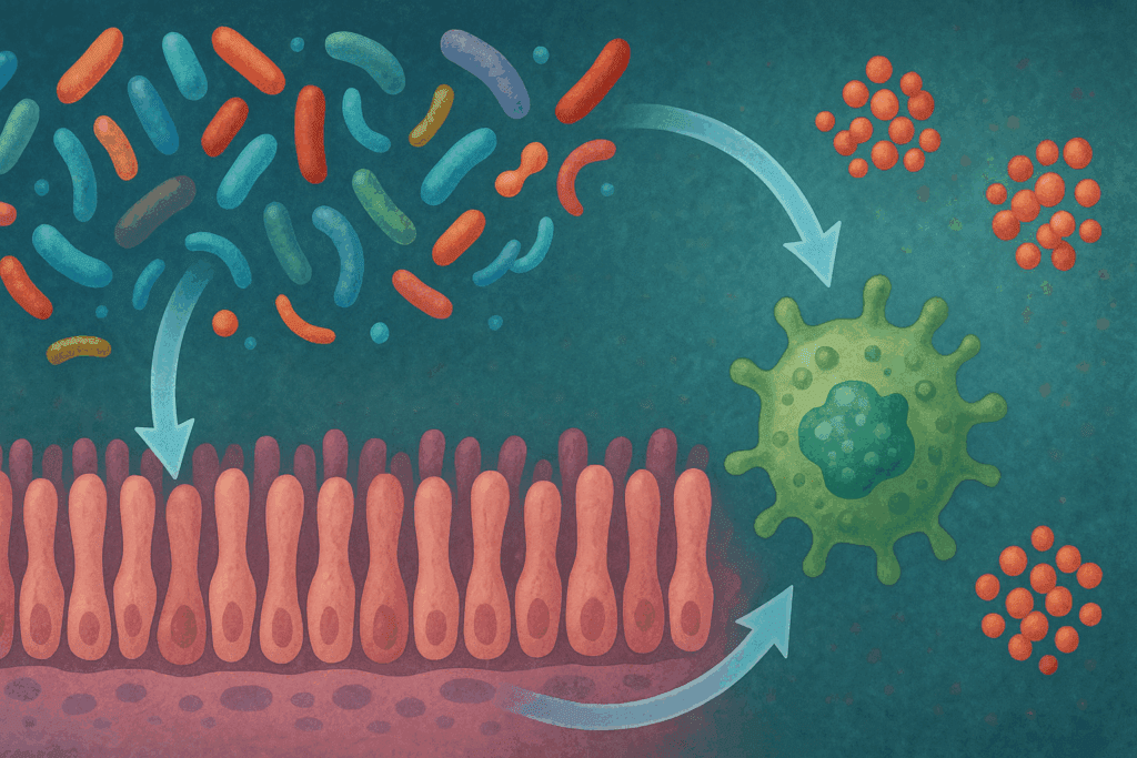 Scientific illustration showing gut microbiota interacting with immune cells and intestinal lining to regulate glucose levels, visualizing the pathophysiology of Type 2 Diabetes