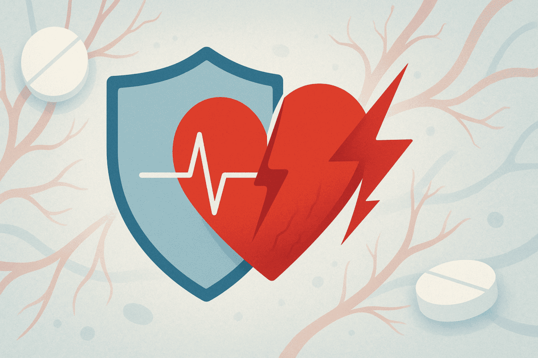 Conceptual illustration showing a heart half shielded with a heartbeat line and half struck by tension waves, symbolizing the question: can aspirin raise blood pressure