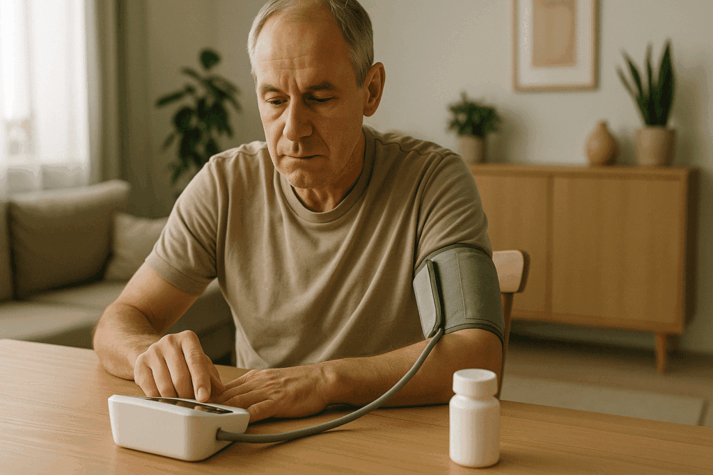 Man checking blood pressure at home with aspirin bottle on table, illustrating concern about can aspirin raise blood pressure