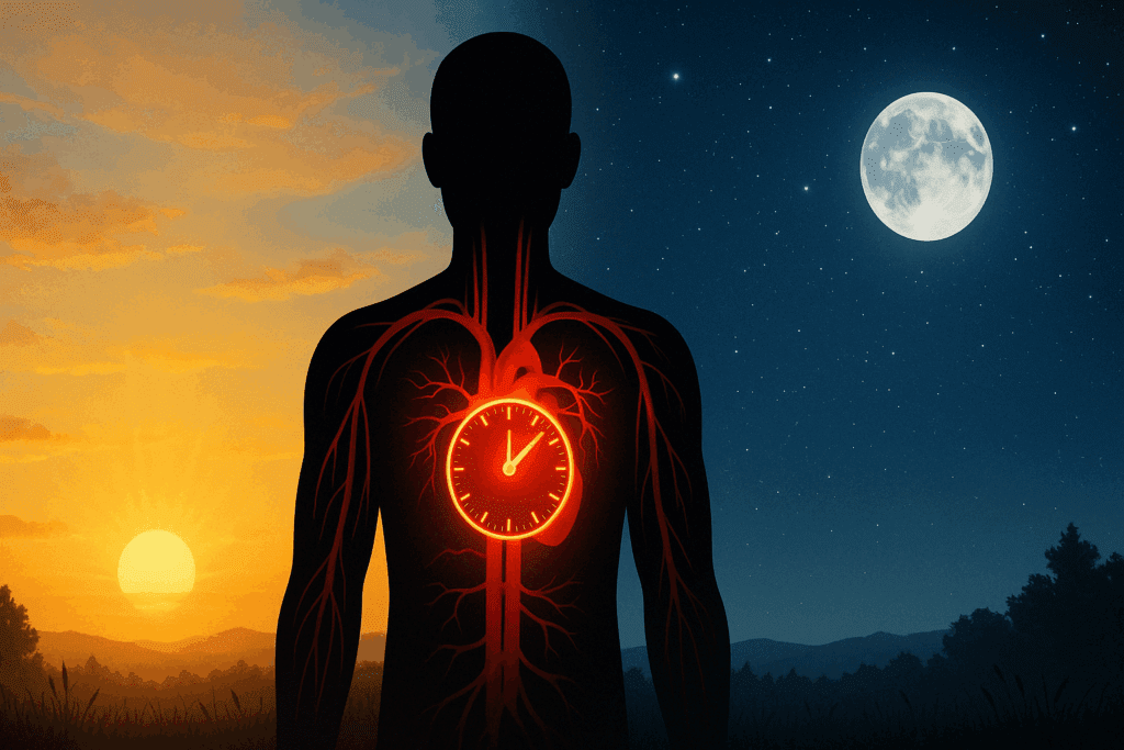 Human silhouette showing circulatory system and internal clock against split sunrise and night sky, illustrating circadian rhythms and asking can aspirin raise blood pressure.