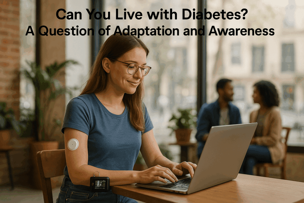 Woman with Diabetes using a continuous glucose monitor and insulin pump while working on a laptop in a café.